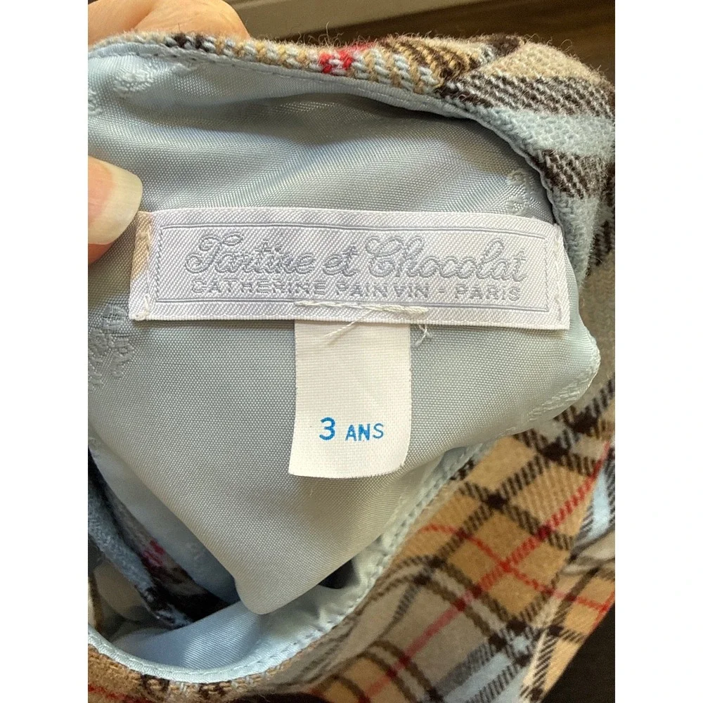 Tartine et Chocolat Plaid Jumper Dress Kids Sz 3 Blue Wool Blend Dog Embroidered